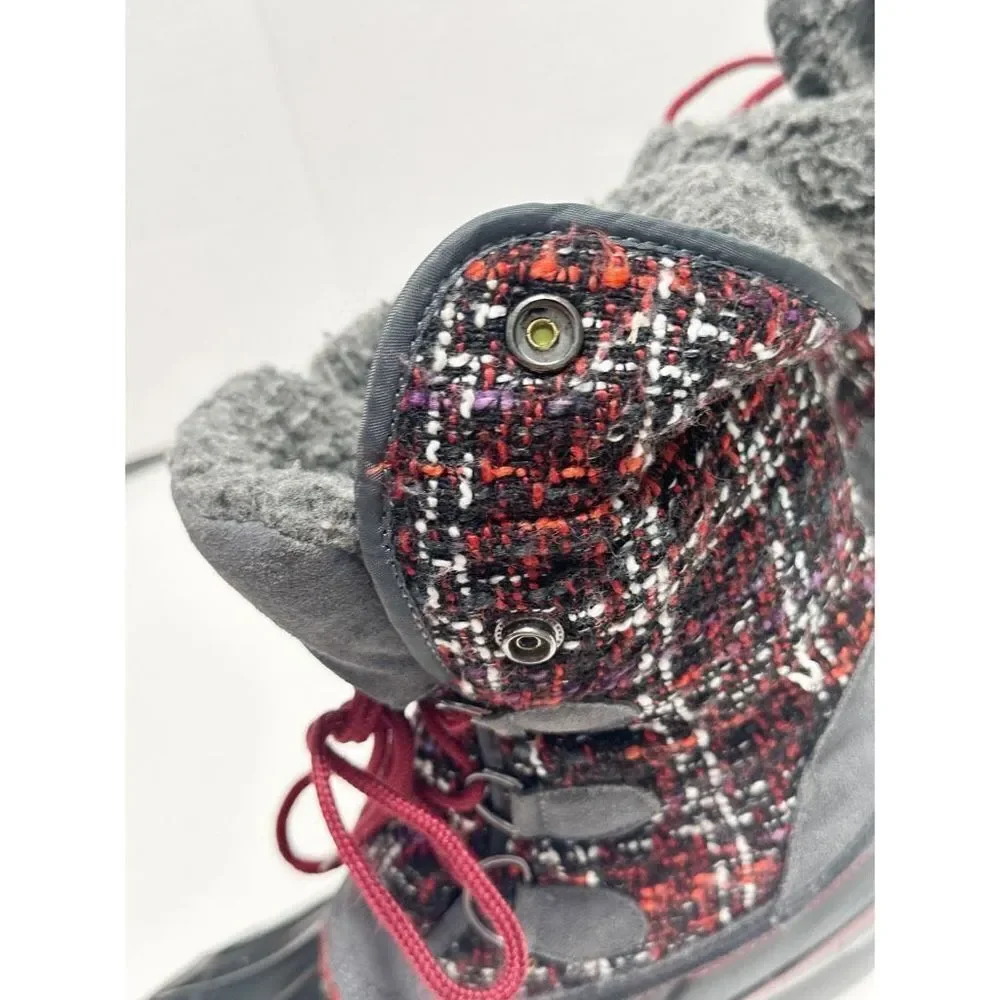 Khombu Elysse Rubber Upper Water Resistant Boots Plaid Lace Up Black‎ Red 8